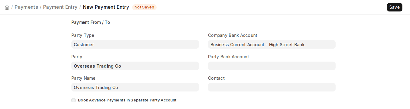 ERPNext v16 Payment Entry Payment From / To section with Party, Company Bank Account and Party Bank Account