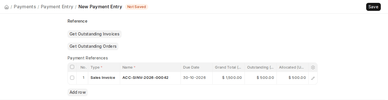 ERPNext v16 Payment Entry Reference section with Get Outstanding Invoices and Payment References table