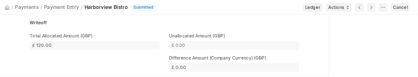 ERPNext v16 Payment Entry Writeoff section with Total Allocated, Unallocated and Difference Amount