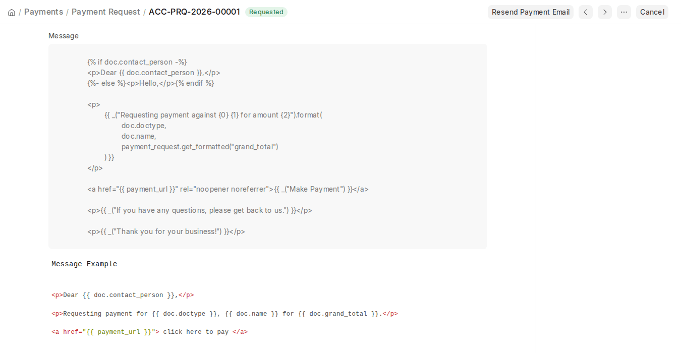 ERPNext v16 Payment Request message template with Make Payment link