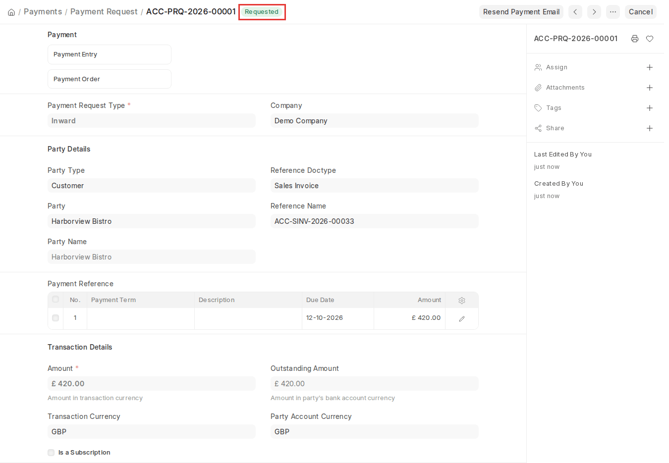 ERPNext v16 submitted Payment Request with Requested status, party and transaction details