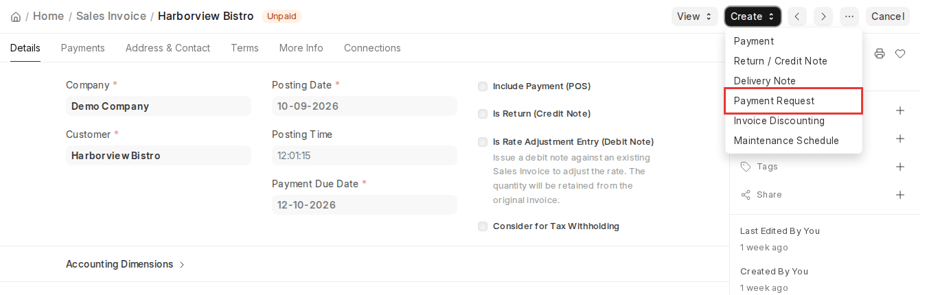 ERPNext v16 Sales Invoice Create menu with Payment Request highlighted