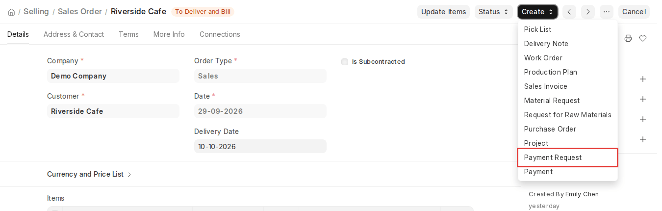 ERPNext v16 Sales Order Create menu with Payment Request highlighted