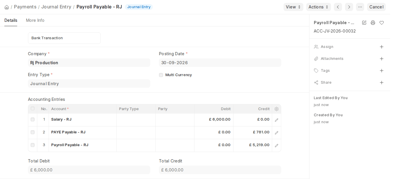 ERPNext v16 salary accrual Journal Entry created from Payroll Entry with Salary, PAYE Payable and Payroll Payable