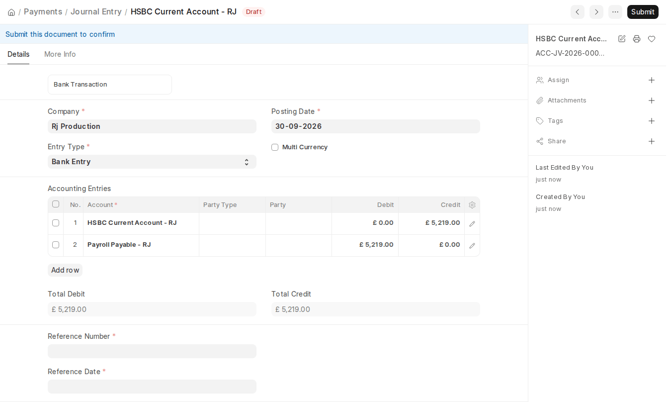 ERPNext v16 salary payment Bank Entry created from Payroll Entry debiting Payroll Payable and crediting the bank account