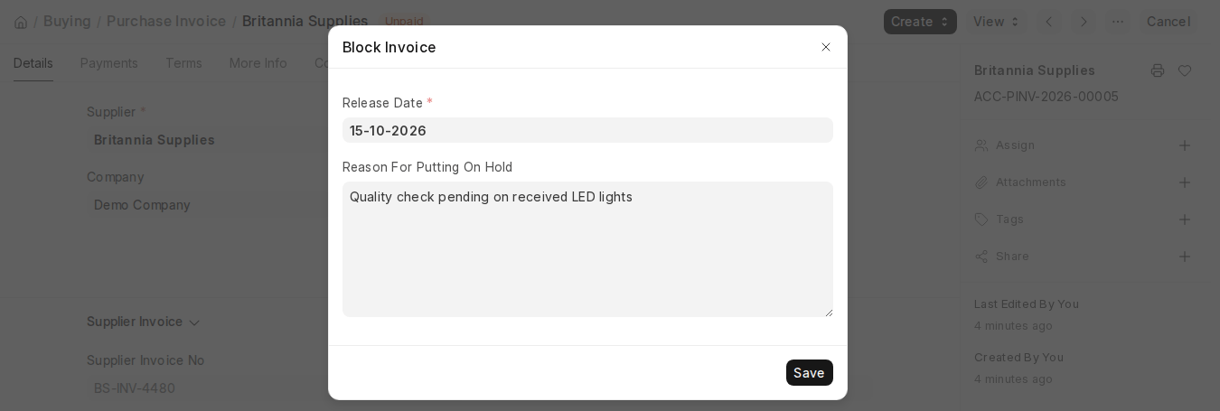 ERPNext v16 Block Invoice dialog with Release Date and Reason For Putting On Hold