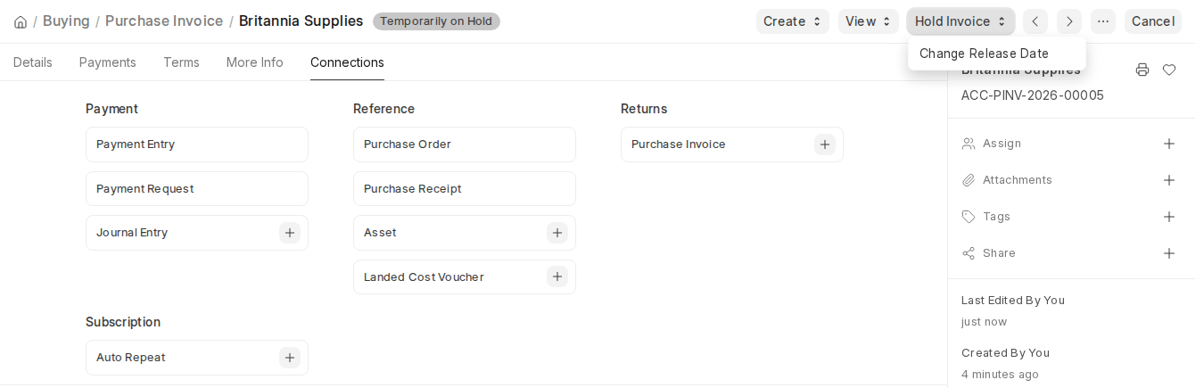 ERPNext v16 Purchase Invoice Temporarily on Hold with Hold Invoice Change Release Date option