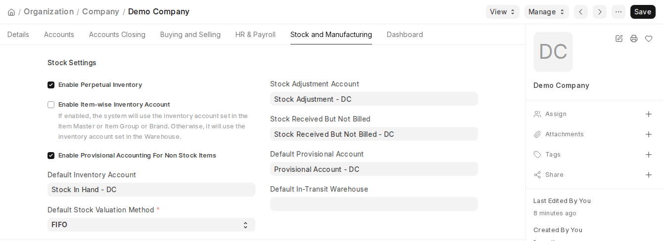 ERPNext v16 Company Stock and Manufacturing tab with Enable Provisional Accounting For Non Stock Items and Default Provisional Account