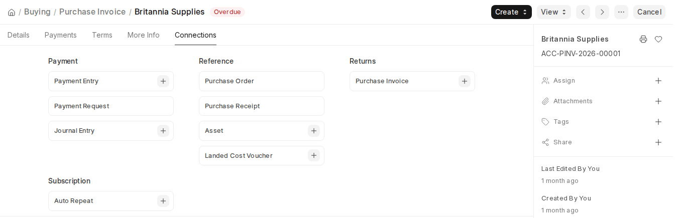 ERPNext v16 submitted Purchase Invoice Connections tab and Create menu options