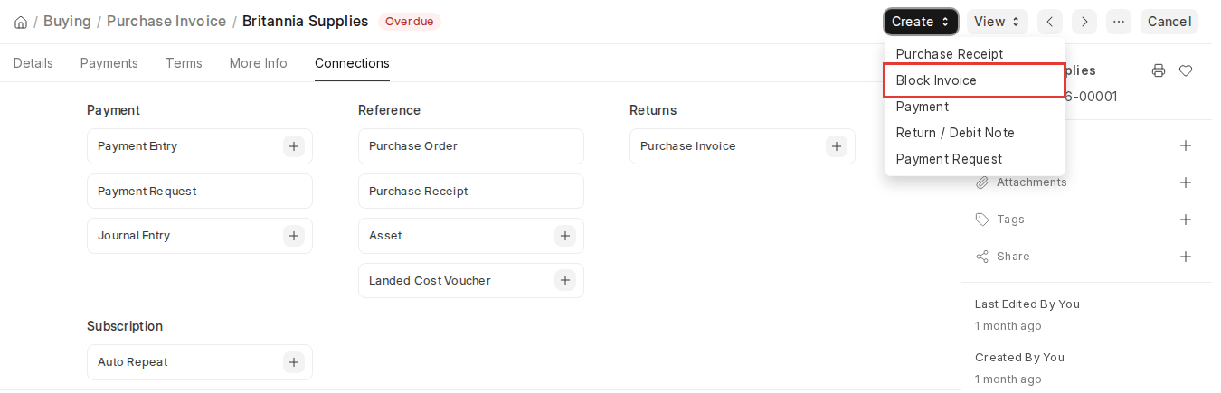 ERPNext v16 submitted Purchase Invoice Create menu with Block Invoice highlighted