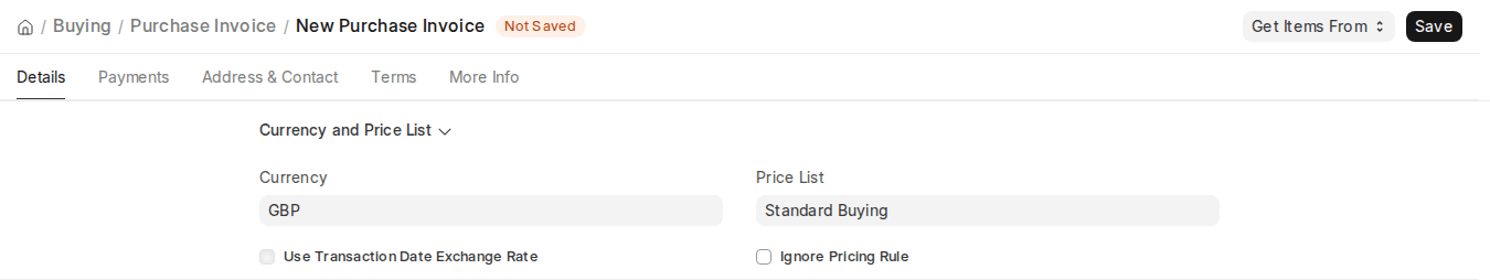 ERPNext v16 Purchase Invoice Currency and Price List section with Ignore Pricing Rule