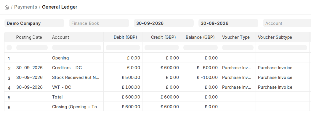 ERPNext v16 General Ledger showing Purchase Invoice accounting entries