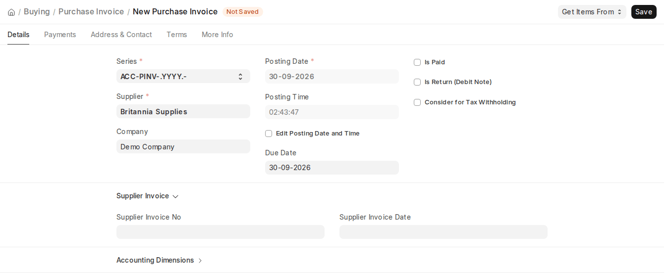 ERPNext v16 new Purchase Invoice form with Supplier, Posting Date, Due Date, Is Paid, Is Return and Consider for Tax Withholding