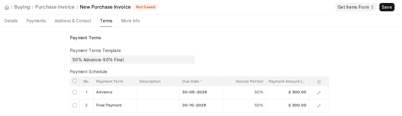 ERPNext v16 Purchase Invoice Terms tab with Payment Terms Template and Payment Schedule