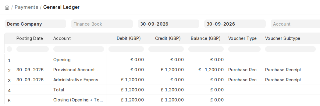 ERPNext v16 General Ledger showing provisional entries posted by a Purchase Receipt