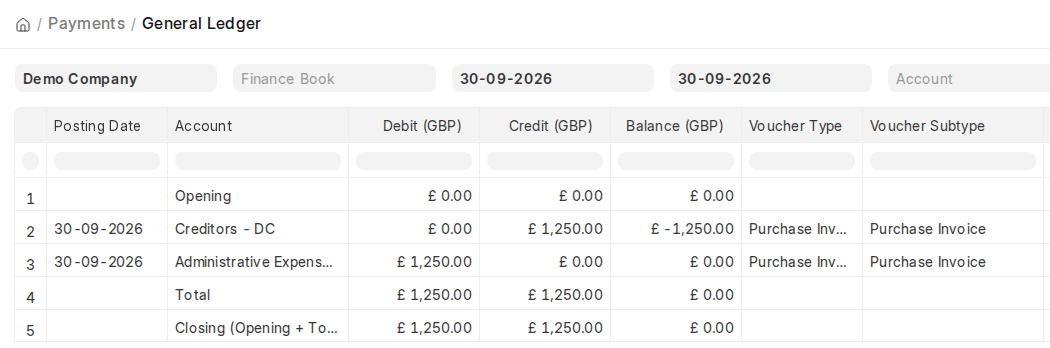 ERPNext v16 General Ledger showing Purchase Invoice entries for a non-stock item
