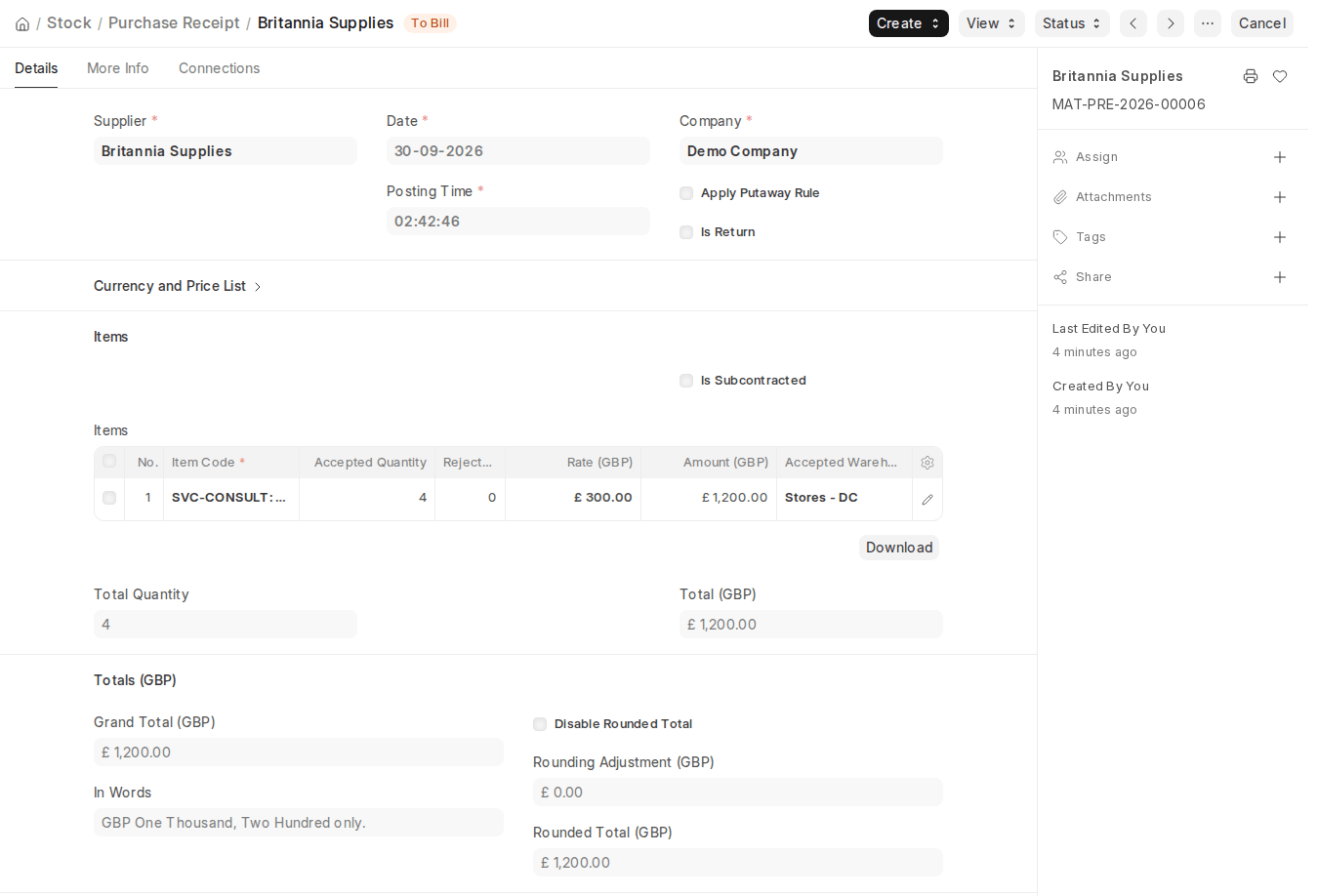 ERPNext v16 Purchase Receipt for a non-stock service item
