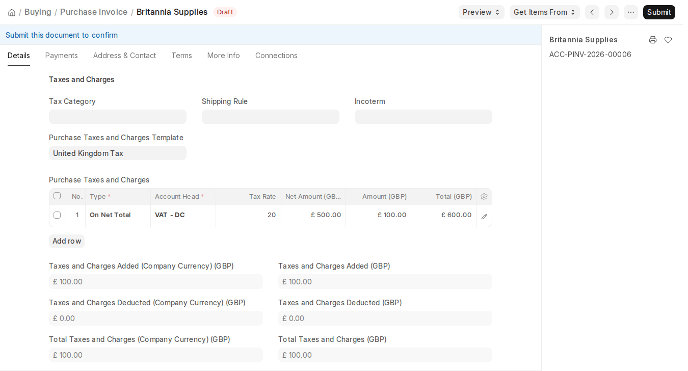 ERPNext v16 Purchase Invoice Taxes and Charges section with Purchase Taxes and Charges Template and VAT row