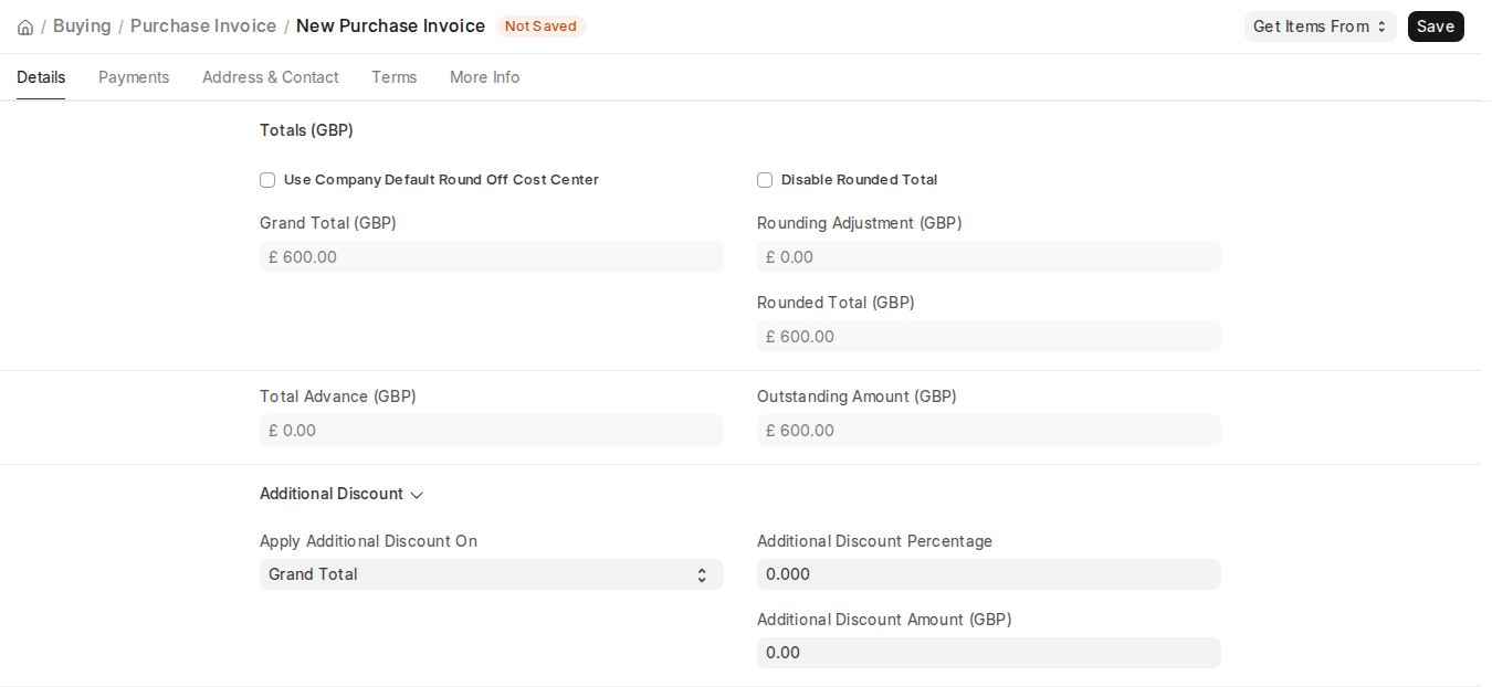 ERPNext v16 Purchase Invoice Totals and Additional Discount section
