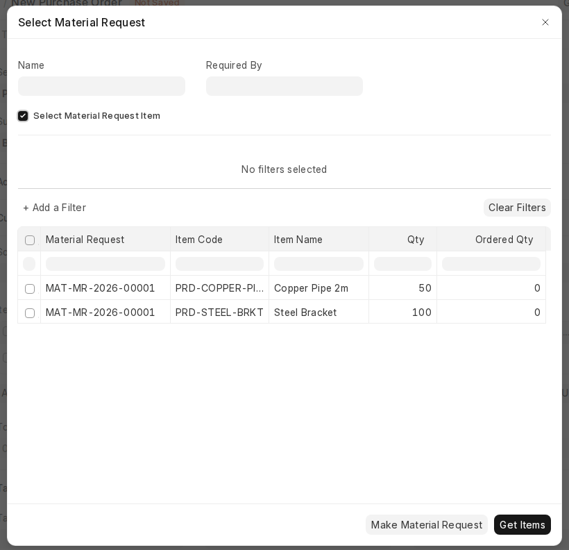 ERPNext v16 Purchase Order Get Items From Material Request dialog listing open material request items