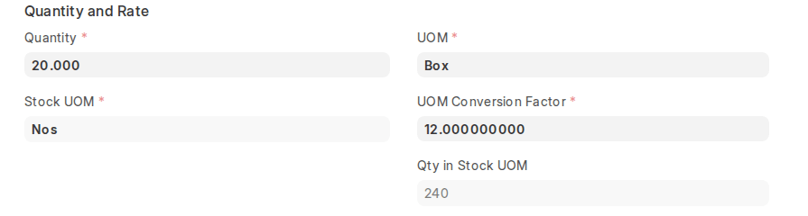 ERPNext v16 Purchase Order item showing Qty in Stock UOM calculated from the conversion factor