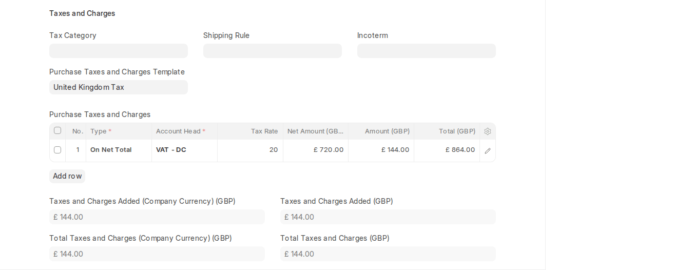 ERPNext v16 Purchase Order Taxes and Charges section with Purchase Taxes and Charges Template
