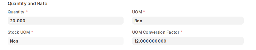 ERPNext v16 Purchase Order item with purchase UOM Box, Stock UOM Nos and UOM Conversion Factor 12