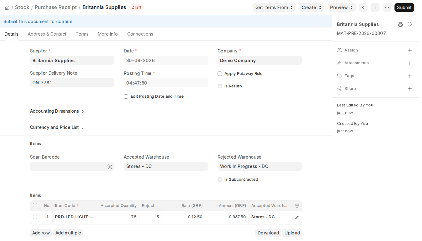 ERPNext v16 Purchase Receipt form with Supplier, Supplier Delivery Note, Accepted and Rejected Warehouse and Items table