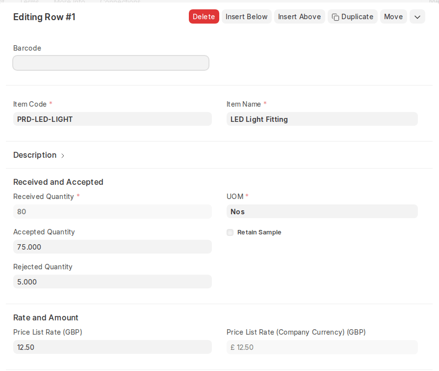 ERPNext v16 Purchase Receipt item row showing Received, Accepted and Rejected Quantity