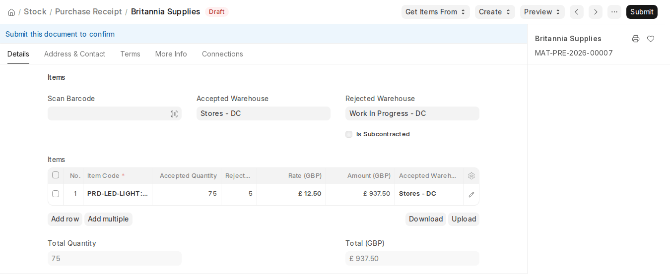 ERPNext v16 Purchase Receipt Items section with Scan Barcode, Accepted Warehouse, Rejected Warehouse and Is Subcontracted