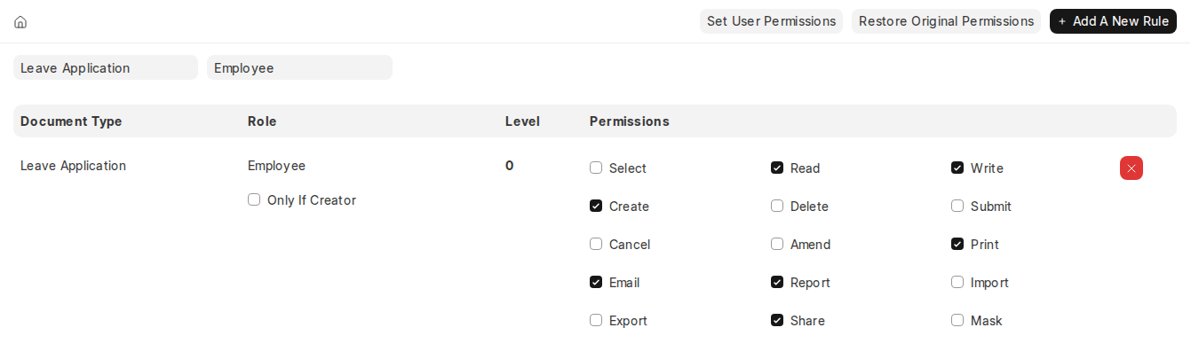 ERPNext v16 Role Permissions Manager Employee role permissions on Leave Application
