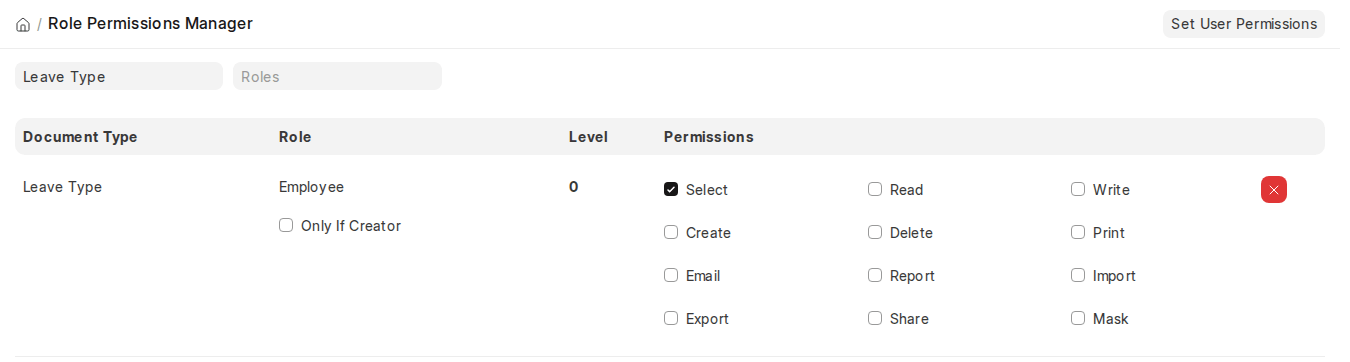 ERPNext v16 Role Permissions Manager Employee role with Select only permission on Leave Type