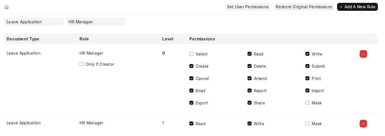 ERPNext v16 Role Permissions Manager HR Manager permissions on Leave Application