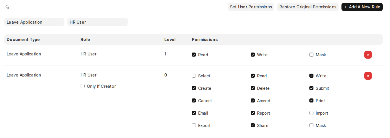 ERPNext v16 Role Permissions Manager HR User permissions on Leave Application
