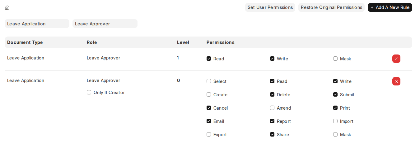 ERPNext v16 Role Permissions Manager Leave Approver permissions at level 0 and level 1