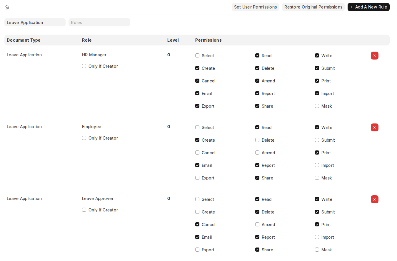 ERPNext v16 Role Permissions Manager showing Leave Application rules for HR Manager, Employee and Leave Approver