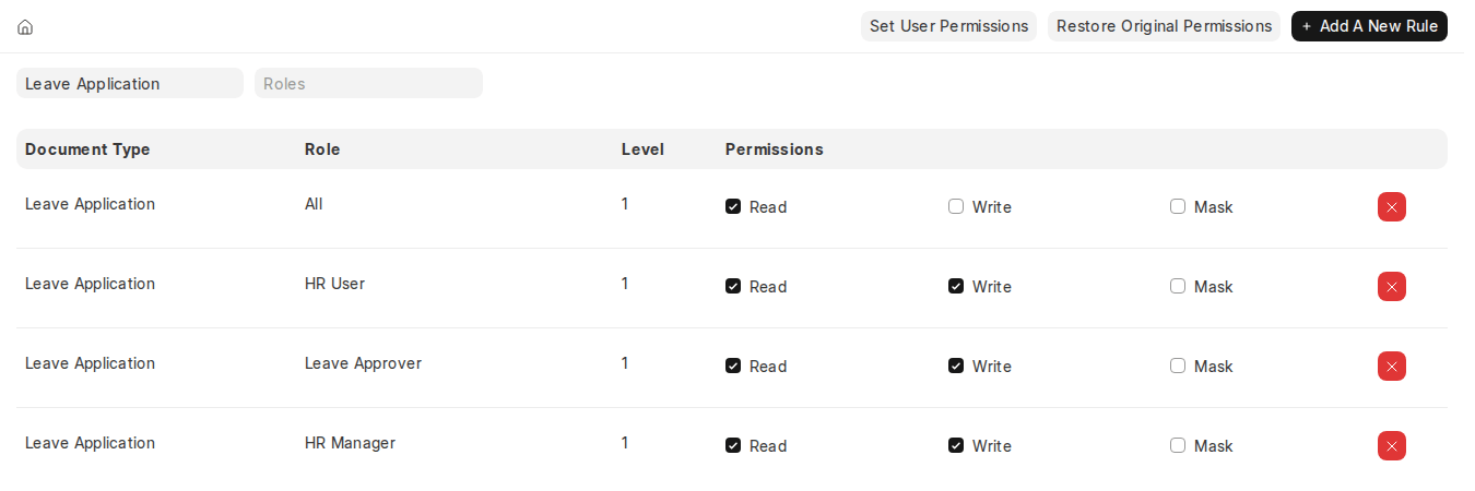 ERPNext v16 Leave Application permission level 1 rules with Read, Write and Mask