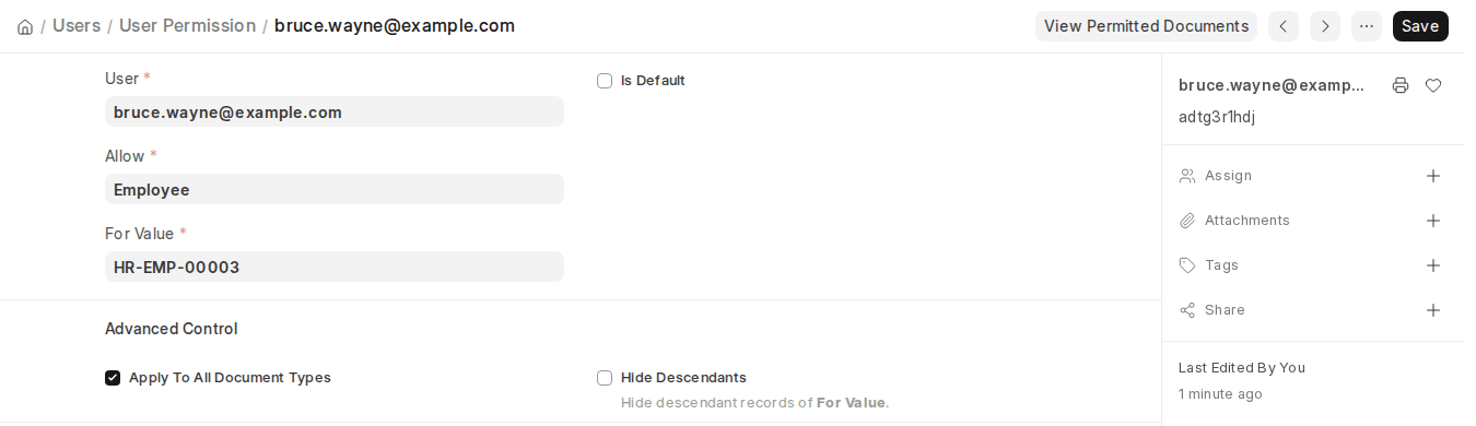ERPNext v16 User Permission restricting a user to their own Employee record