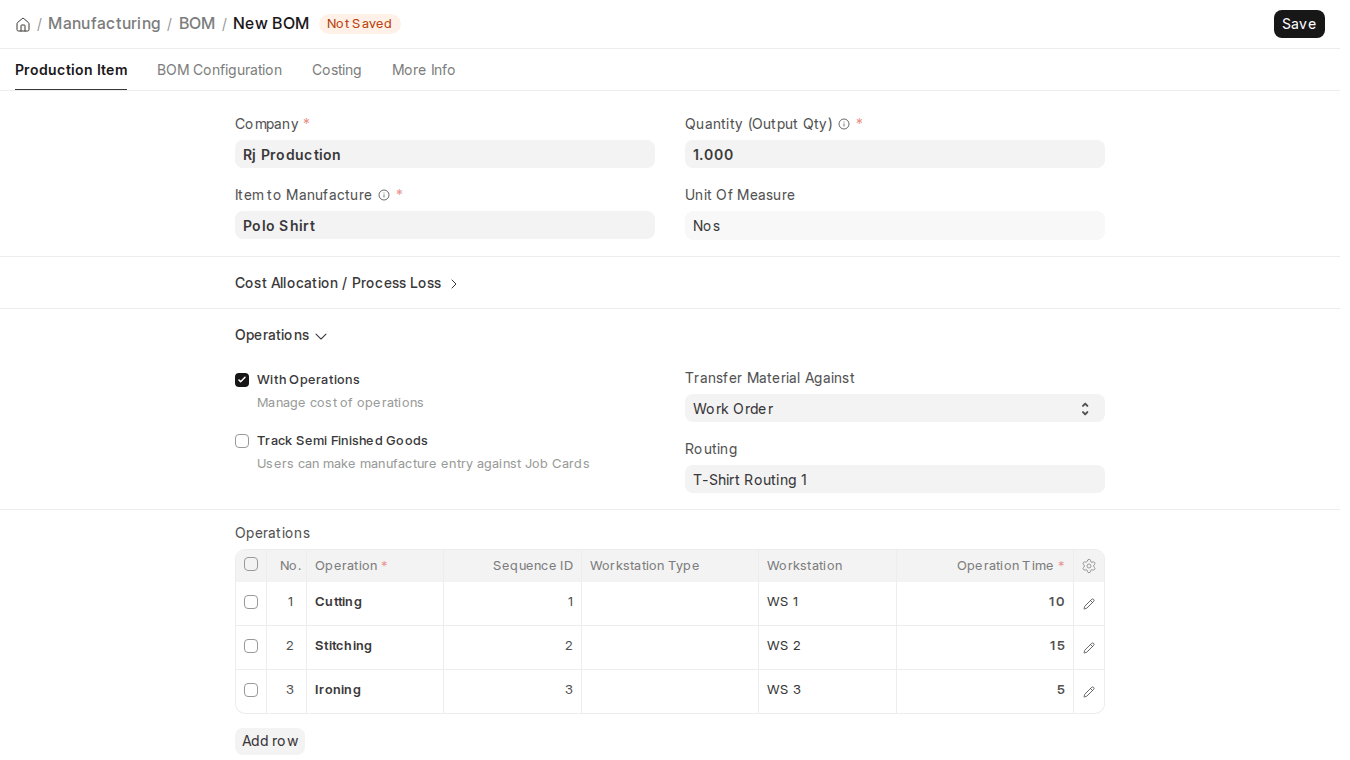 ERPNext v16 BOM with Routing selected and operations fetched from the Routing