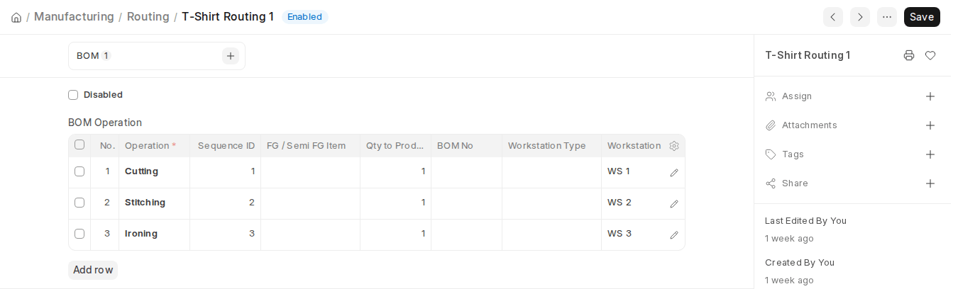 ERPNext v16 Routing form with BOM Operation table and Sequence ID