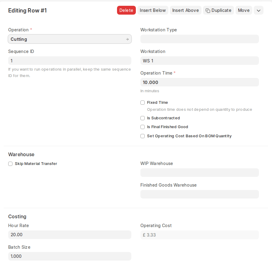 ERPNext v16 Routing operation row with Sequence ID, Operation Time, Hour Rate, Batch Size and Operating Cost