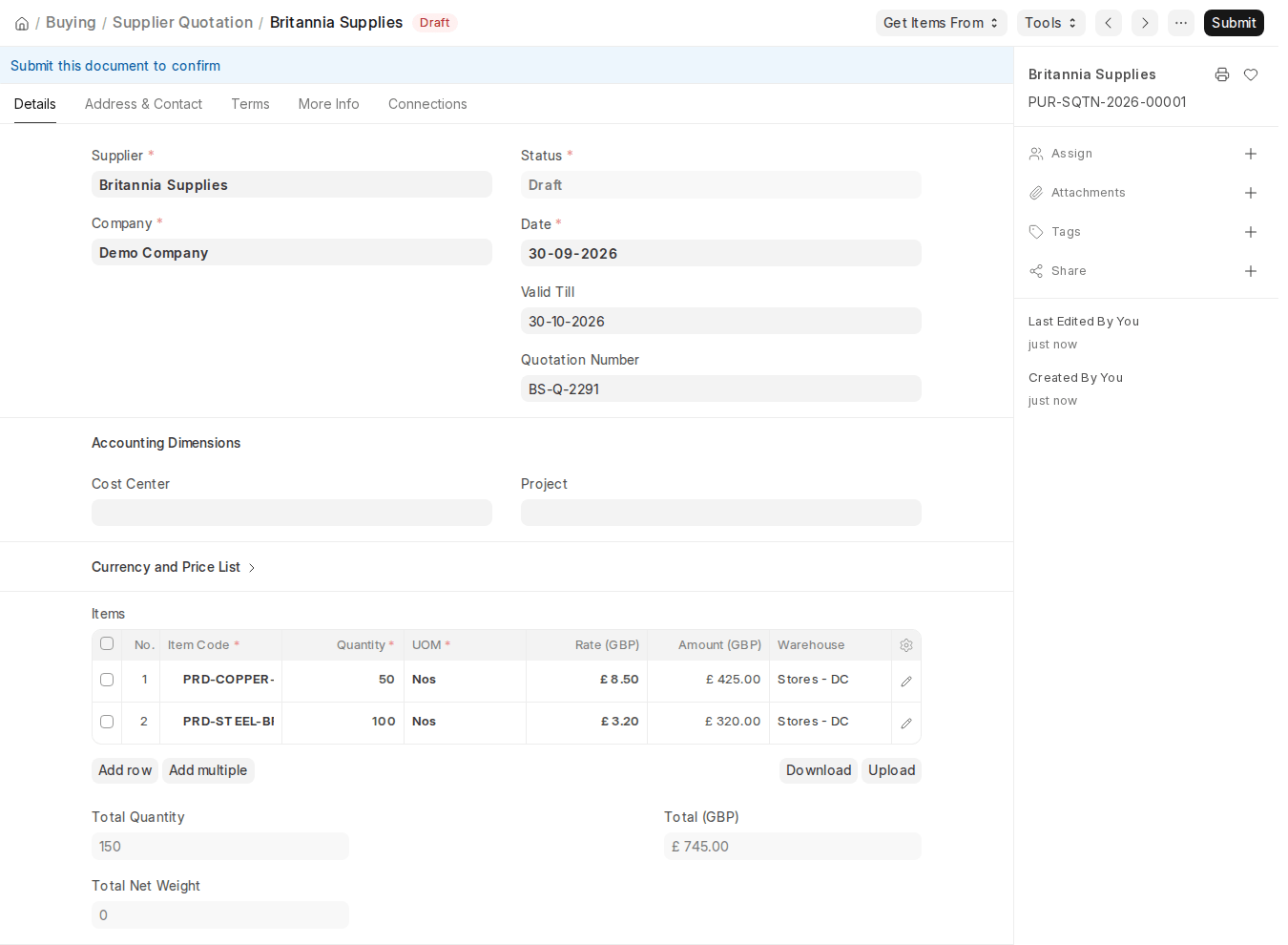 ERPNext v16 Supplier Quotation form with Supplier, Valid Till, Quotation Number and Items table