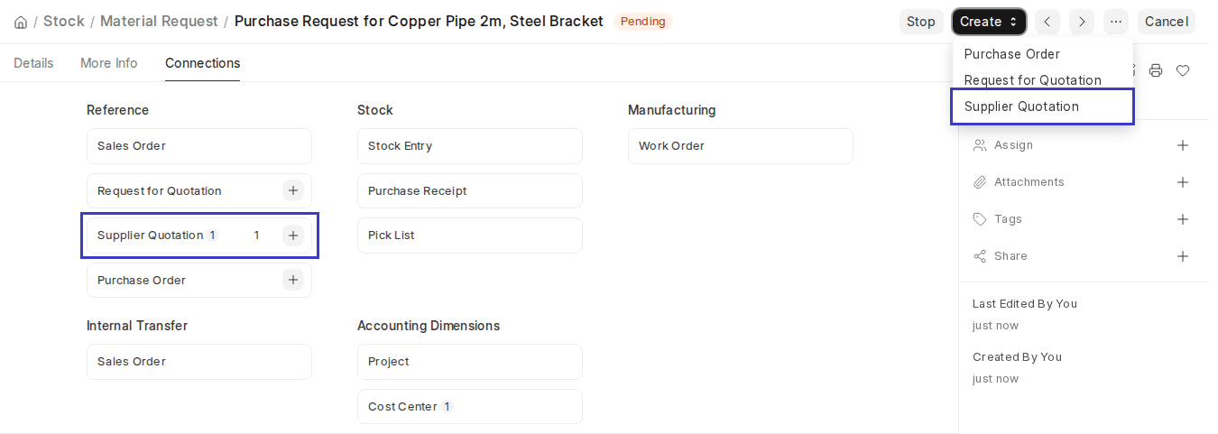 ERPNext v16 Material Request Create menu and Connections with Supplier Quotation highlighted