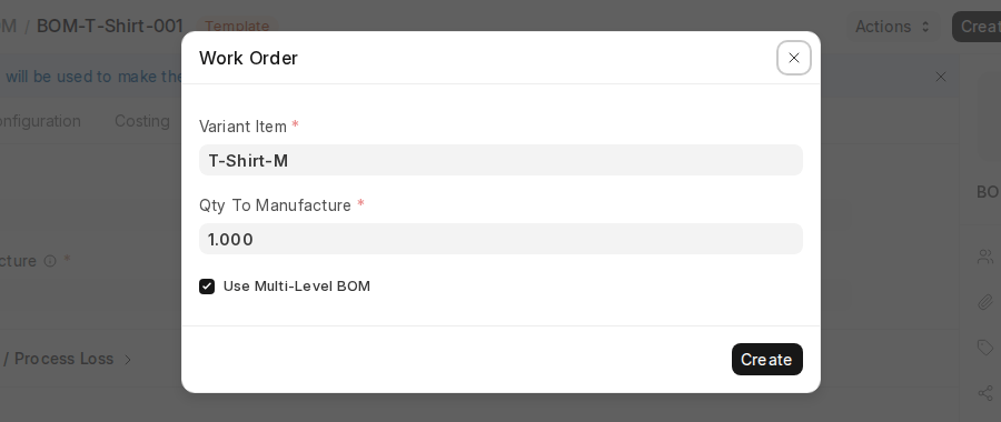 ERPNext v16 Work Order dialog from a Template BOM asking for the Variant Item