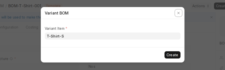 ERPNext v16 Variant BOM dialog asking for the Variant Item