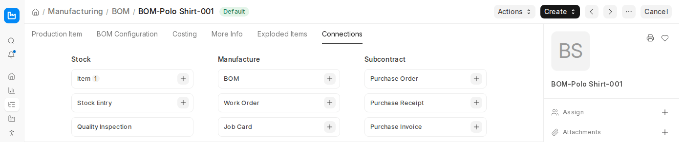 ERPNext v16 BOM Connections tab showing linked Stock, Manufacture and Subcontract documents