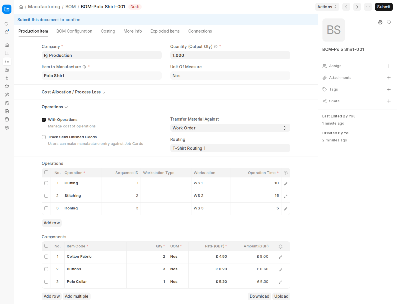ERPNext v16 BOM Production Item tab showing Item to Manufacture, Operations and the Components table