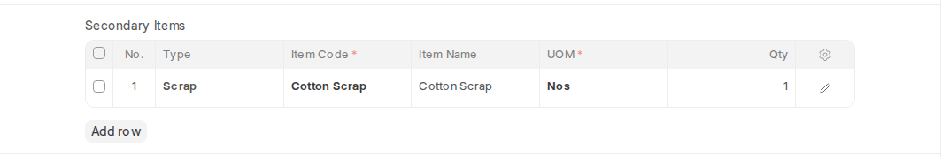 ERPNext v16 BOM Secondary Items table with a Scrap item
