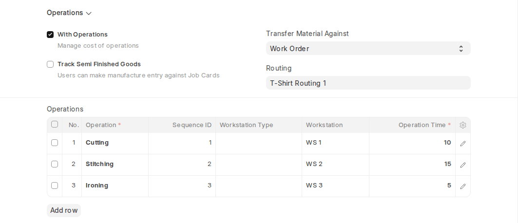 ERPNext v16 BOM with With Operations checked, Transfer Material Against Work Order, Routing and the Operations table