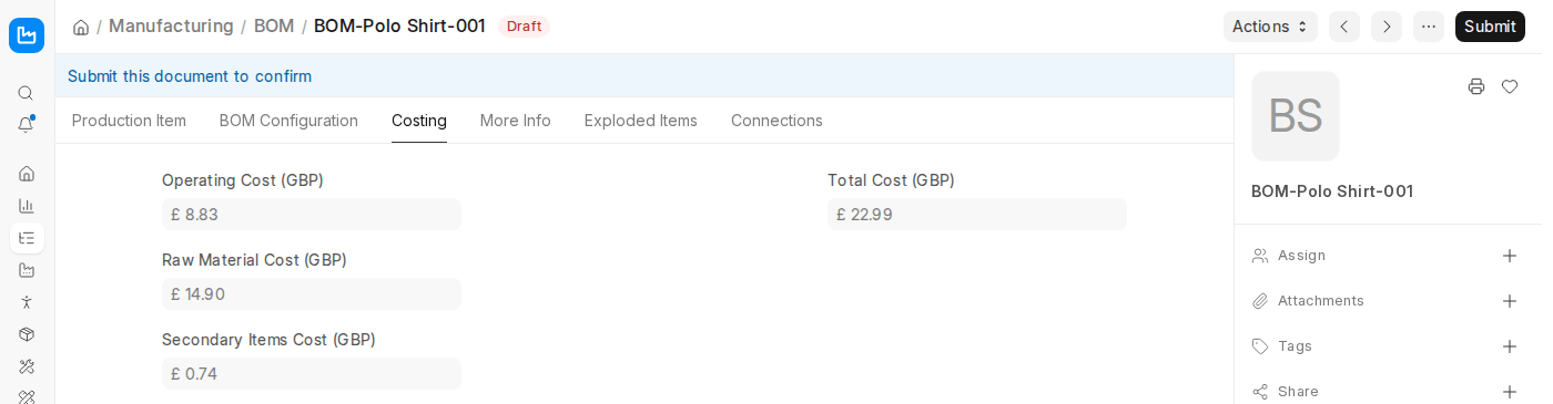 ERPNext v16 BOM Costing tab showing Operating Cost, Raw Material Cost, Secondary Items Cost and Total Cost